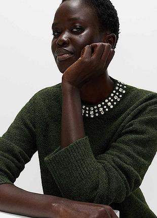 🖤темно-зеленый шерстяной свитер marks &amp; spencer со стразами на горловине (m&amp;s)🖤