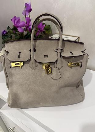 Жіноча сумка hermes шкіряна замшева сіра