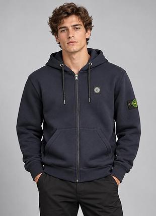 Мужская зимняя кофта stone island темно-синий (лого нашивка) m