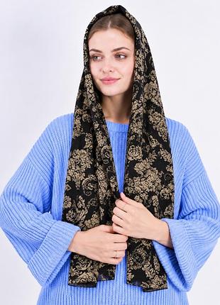 Чорно бежевий жіночий шарф шарфик в квітково- абстрактний принт