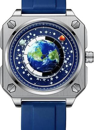 Мужские часы binbond s700 "creative blue planet" с диском земли (квадратный корпус, синий силиконовый ремешок)
