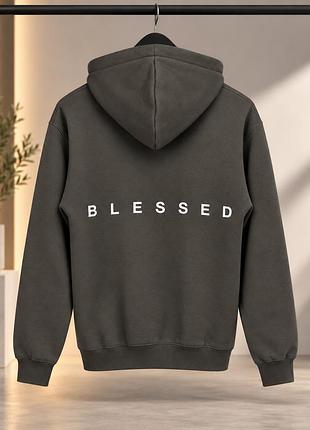 Худи с принтом blessed на спине, графитовое худи с капюшоном, унисекс l, бежевый