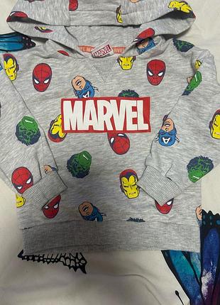 Дитяча кофта marvel сіра з капюшоном та принтом персонажів