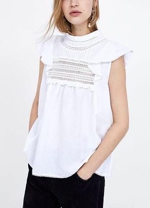Блуза сорочка з вишивкою та мереживом zara з льону