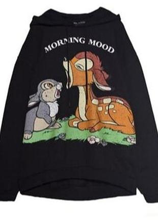 Худи zara disney чёрное с принтом бемби  morning mood
