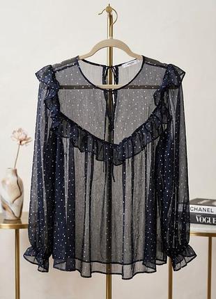 Жіноча блуза zara basic темно-синя з воланами