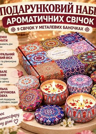 Подарочный набор ароматических свечей 9 шт в металлических баночках с орнаментом и подарочной коробкой