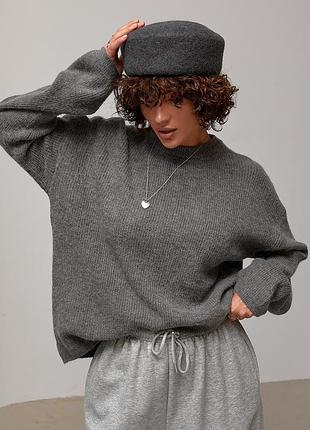 Вязаный женский джемпер oversize с круглой горловиной - темно-серый цвет, one size (имеют размеры)
