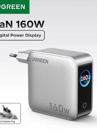Зарядний пристрій ugreen 160w gan (x774) 4xc+usb з екраном silver — потужна швидка зарядка для 5 пристроїв та ноутбуків