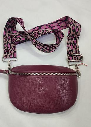 Кожаная сумка-бананка цвета марсала genuine leather borse in pelle