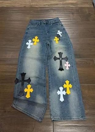 Джинси chrome hearts широкі сині з нашивками-хрестами