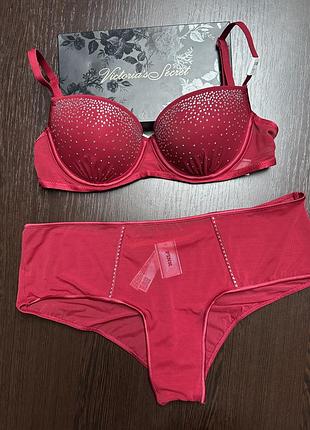 Комплект жіночої білизни victoria’s secret з push-up та стразами, червоний