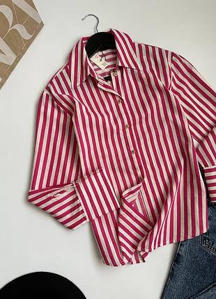 Жіноча сорочка zara у біло-рожеву вертикальну смужку (склад: 51% льон, 49% котон/бавовна)