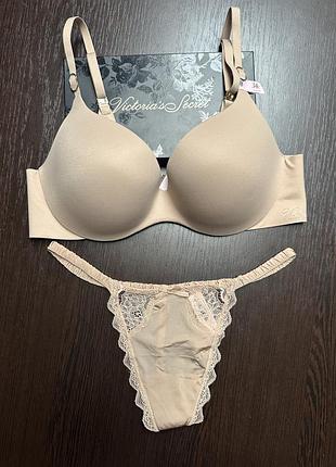Комплект жіночої білизни victoria’s secret з push-up та стрингами, бежевий