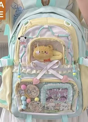 Дитячий прозорий рюкзак «іта-бег» (ita bag) у стилі каваї-аніме з відділенням для значків, прикрашена сердечками та бантами, стиль лоліта, модель h259