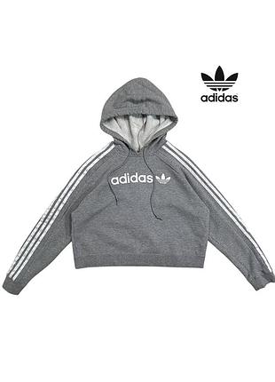 Оригінальне жіноче коротке худі adidas розмір s сіре котонове бавовняне жіноча кофта адидас жіночий реглан батнік світшот сірий кроп топ
