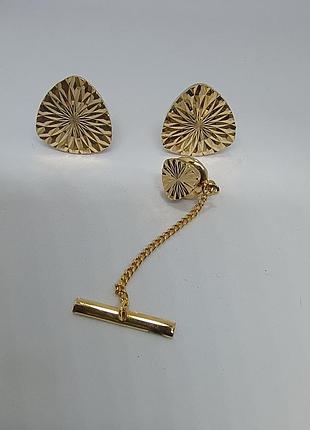 Чоловічий вінтажний набір запонки та шпилька для краватки diamond cut позолота 22 карати оригінал англія класична кругла форма алмазна грань