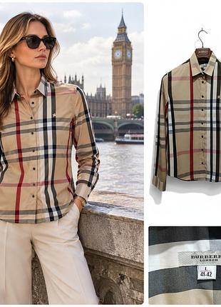 Женская классическая рубашка с длинным рукавом узнаваемого бренда burberry в традиционной бежевой расцветке в клетку (novastart).