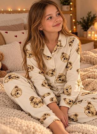 Піжама дитяча молочна m&s spencer bear з ведмедиками, 11–12 років, 146-152 см, плюшева