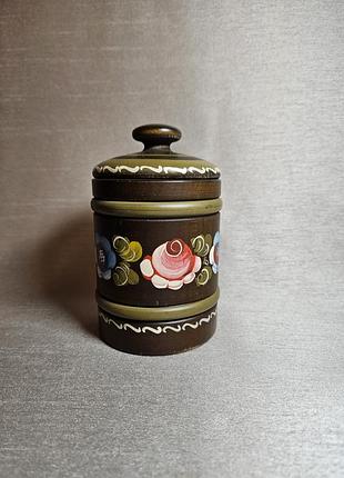 Винтажный деревянный бочонок (шкатулка) ручной работы с росписью в стиле фолк, австрия. 1960-е.