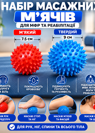 Набор массажных мячей vellfit 3шт для мфр и реабилитации: массажные мячи + ролик массажный 6,5×16 см