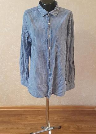 Мужская рубашка в полоску massimo dutti размер l синяя хлопковая slim fit