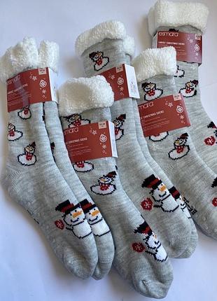 Новогодние меховые носки-тапочки esmara (lidl) со стопперами, женские теплые зимние носочки на меху со снеговиками, серые праздничные рождественские