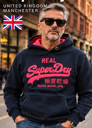 Чоловіче худі superdry vintage original, темно-синє з червоним принтом, тепле, розмір l / 50