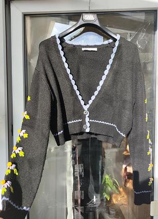 🌸 невероятный укороченный кардиган zara с объемной цветочной вышивкой 🌸