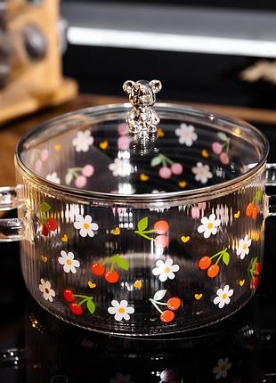 Кастрюля стеклянная cherry 1,8 л с металлическим медвежонком на крышке yiwu hp-gp-32
