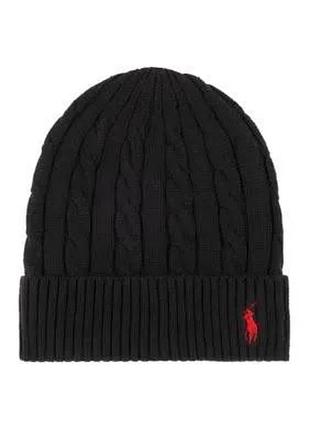 В'язана вовняна шапка-біні polo ralph lauren cable knit beanie у чорному кольорі з фірмовим червоним логотипом бренду one size usa 🇺🇸