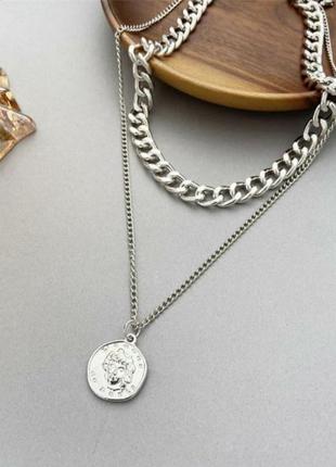 Двойная цепь с подвеской медальон серебро цепочка колье ожерелье двухслойное3 фото