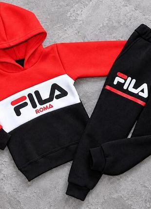 Детский тёплый костюм для мальчика и девочки "fila" фила (рост 86-92, 92-98), (1.5-2, 2-3 года), новый, спортивный, цвет: красный с чёрным