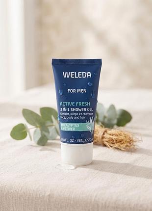 Мужской актив-гель для душа 3 в 1 weleda active fresh (евкалипт и ветивер)  
​бренд: weleda  
размер / объем: 20 мл