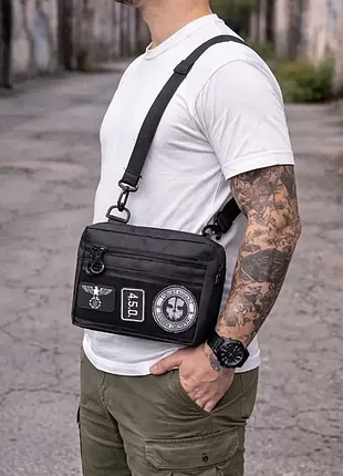 Мужская тактическая сумка борсетка мессенджер (планшетка) slim patch black, черная через плечо