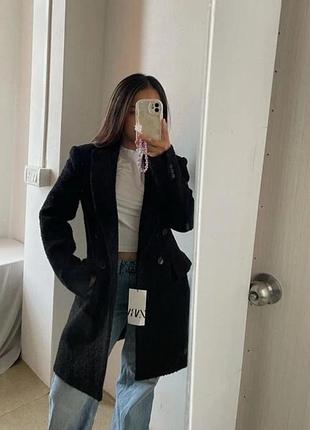 Чорний текстурований піджак пальтр zara зі суміші вовни