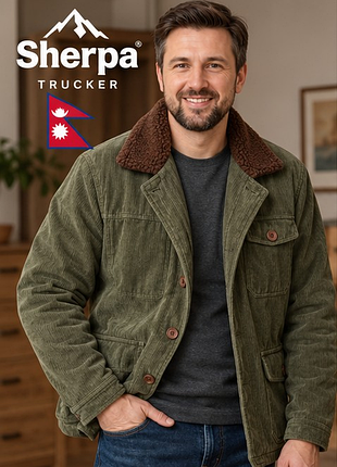 Мужская вельветовая куртка sherpa trucker хаки с теплым воротником, демисезонная xl 52