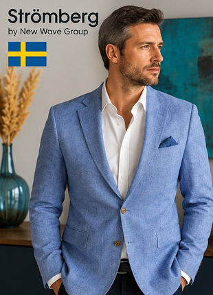 Мужской льняной пиджак strömberg tailored fit голубой приталенный m (48) швеция
