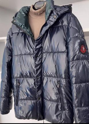 Куртка жіноча moncler лакована темно-синя з капюшоном