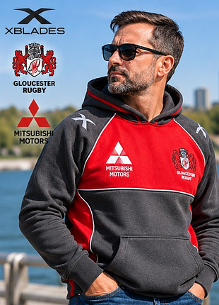 Мужское теплое худи xblades gloucester rugby mitsubishi motors, толстый флис, серо-красное, s / 46