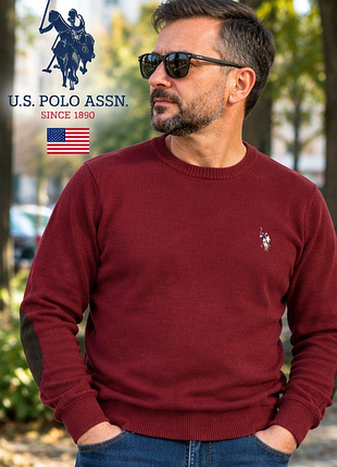 Мужской джемпер u.s. polo assn. бордовый с налокотниками, хлопок 85%, m (48), оригинал