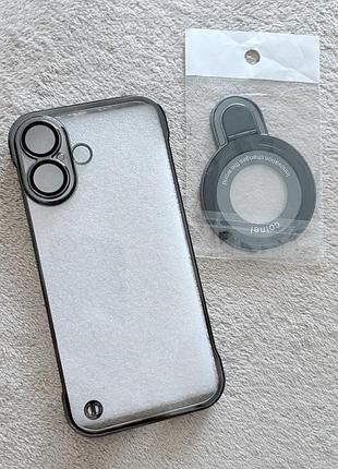 Чохол для iphone 16 прозорий із темним контуром та складаним тримачем