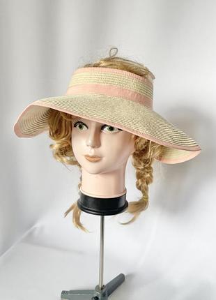Шляпа козырек соломенная пляжная летняя бежевая с розовым визор широкополая шляпа-визор шляпка романтик
