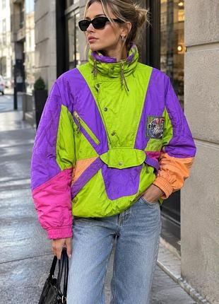 Жіночий вінтажний анорак color-blocking неоново-салатовий з фіолетовим
