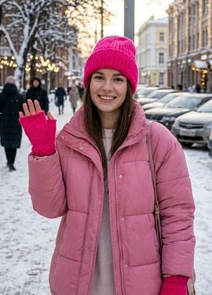 Комплект шапка + рукавички жіночий  рожевий віскоза