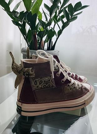 Кеди converse високі текстильні бордово-коричневі печворк