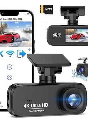 Відеореєстратор автомобільний 4k+full hd 1080p з двома камерами, wi-fi, кутом огляду 170/140°, нічним баченням wdr, g-сенсором та картою пам'яті 64 гб