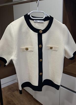 Кардиган жіночий zara трикотажний молочний з чорним