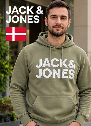 Чоловіче худі jack & jones оливкове з капюшоном та великим логотипом, розмір l (50)