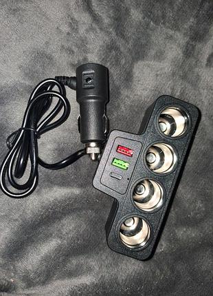 Автомобильный разветвитель прикуривателя (4 гнезда + usb &amp; type-c)